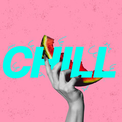 Colorful creative design with female hand holding watermelon over big lettering isolated on pink background