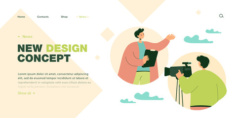 Director recording doctor on camera flat vector illustration. Therapist telling people about coronavirus prevention measures. Occupation, footage concept for banner, website design or landing web page