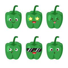 Set of paprika emojis. Kawaii style icons, vegetable characters. Vector illustration in cartoon flat style. Set of funny smiles or emoticons. Good nutrition and vegan concept. illustration for kids. 