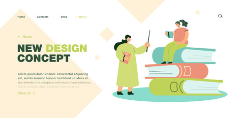 Girl reading on pile of books during class. Female teacher in eyeglasses and with pointer teaching lesson flat vector illustration. Education concept for banner, website design or landing web page