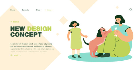 Fototapeta premium Daughter watching mother playing with dog on ground. Woman holding bone for adorable puppy flat vector illustration. Family, domestic animals concept for banner, website design or landing web page