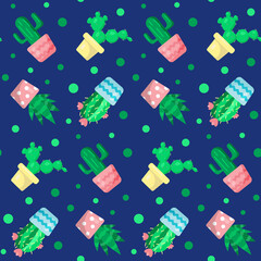 Seamless pattern with green cactuses in pots. Funny cartoon print. Home and domestic plants, cozy and cute background. Print for textile, gift wrap, clothes, design and decor. 
