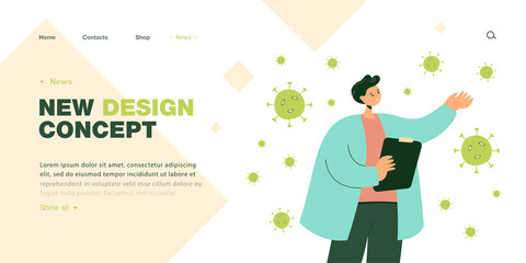 Doctor surrounding by germs flat vector illustration. Therapist looking for ways to treat coronavirus or flu during pandemic. Epidemic, virus concept for banner, website design or landing web page