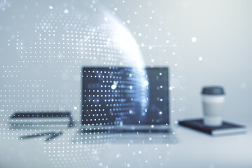 Multi exposure of abstract graphic world map on modern computer background, big data and networking concept concept