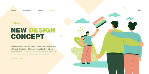 Couple looking at girl with LGBT flag flat vector illustration. Woman or activist defending interests of homosexual. Nontraditional relationship concept for banner, website design or landing web page