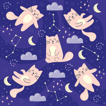 Endless pattern with cats, good night, cute repeating illustration, stars, clouds, moon, space