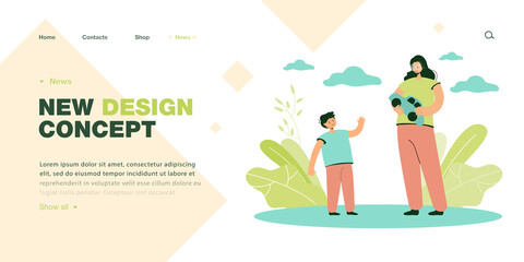 Cartoon mother and son playing with toy car together. Boy waving at woman holding small plastic vehicle flat vector illustration. Family, childhood, entertainment concept for banner or landing page