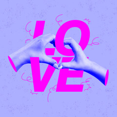 Creative colorful design. Female hands making symbol of love - heart gesture isolated on purple...