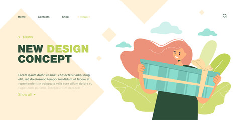 Girl with gift box flat vector illustration. Cute person preparing presents for friends or family for holiday, birthday or new year. Celebration concept for banner, website design or landing web page