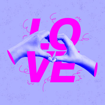 Naklejki Creative colorful design. Female hands making symbol of love - heart gesture isolated on purple background