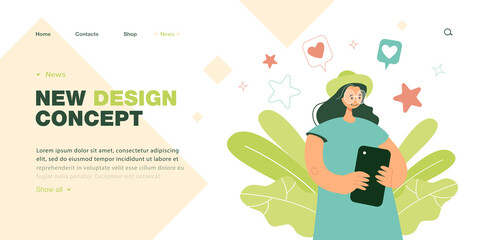 Female cartoon character posting content on social media. Girl liking posts online flat vector illustration. Communication, technology, Internet concept for banner, website design or landing web page