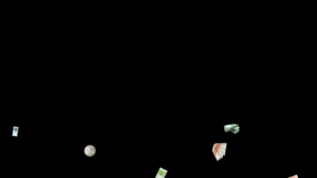 4K 60 fps animation of e-commerce products falling from top to bottom. Euro, america, money, USA, finance, economy, dollar, bitcoin, financial, bill, pay, payment, banknotes, coin, cent