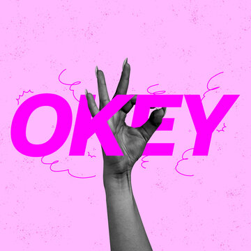 Creative colorful design with female hand showing OK gesture isolated on pink background.