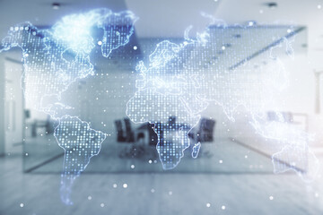 Double exposure of abstract digital world map hologram on a modern furnished office interior background, big data and blockchain concept