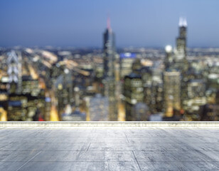 Empty concrete dirty rooftop on the background of a beautiful blurry Chicago city skyline at night, mock up