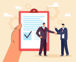 Employer and new worker shaking hands next to contract. Hand holding agreement or job application flat vector illustration. Employment, teamwork concept for banner, website design or landing web page