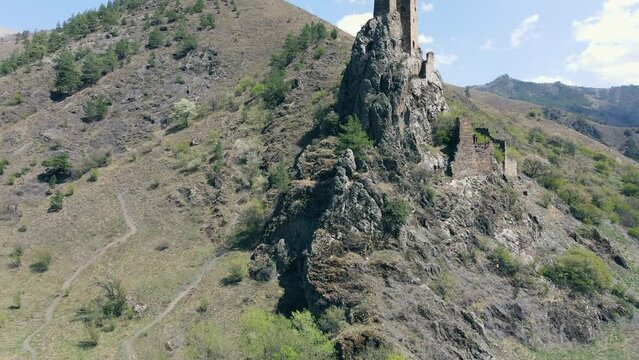 Drone flying over Ingush defense watchtowers Vovnushki in north Caucasus, Russia