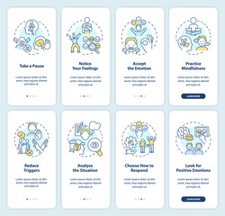 Fototapeta premium Emotional regulation onboarding mobile app screen set. Walkthrough 4 steps editable graphic instructions with linear concepts. UI, UX, GUI template. Myriad Pro-Bold, Regular fonts used