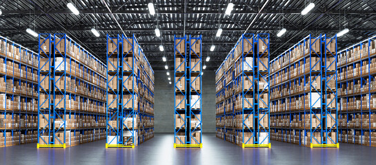 Warehouse Scene with Shelves and Cardboard Boxes. Logistics Concept. 3D illustration 