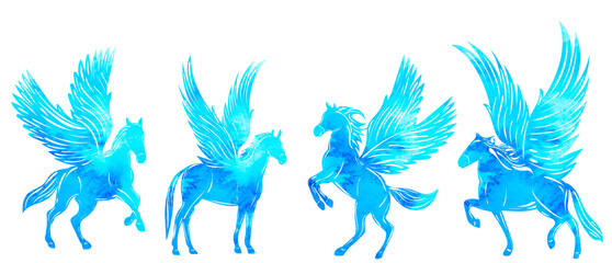 pegasus winged blue silhouette watercolor