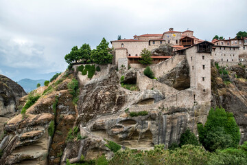 Fototapeta na wymiar Landscape with monastery and giant steep rocks in the area of Meteora, Greece