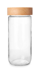 New empty glass jar with wooden lid isolated on white