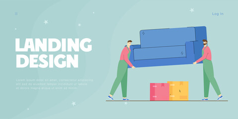 Cartoon workers carrying sofa into new home. Male character moving house, people delivering furniture flat vector illustration. Moving service, transportation concept for banner or landing web page