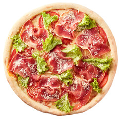 Pizza with prosciutto, lettuce salad and parmesan.