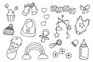 Newborn baby items. Set of baby care accessories, toys, baby clothes. Doodle vector isolated on white background.