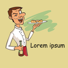 A man in a chef's uniform with a dish in one hand and a bottle of wine in the other