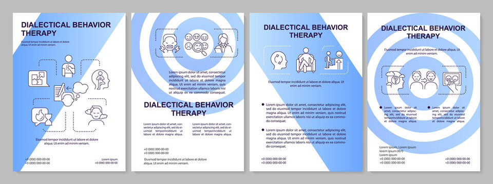 Dialectical Behavior Therapy Blue Brochure Template. Leaflet Design With Linear Icons. Editable 4 Vector Layouts For Presentation, Annual Reports. Arial-Black, Myriad Pro-Regular Fonts Used