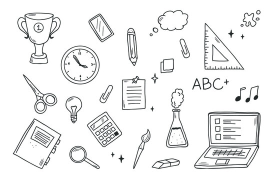 Back to school concept. Different items for study on the white background. Hand drawn doodle style.