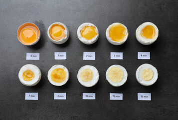 Different cooking time and readiness stages of boiled chicken eggs on dark grey table, flat lay