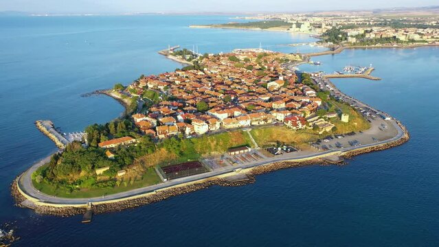 Nesebar (Nessebar), Bulgaria. Aerial view of the ancient seaside town. Black Sea Coast, Burgas Province.