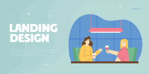 Female friends talking and drinking at table in cafe or bar. Cartoon people hanging out together during lunch flat vector illustration. Communication, friendship concept for banner or landing web page