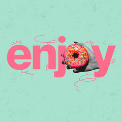 Creative colorful design. Female hand holding delicious sweet donut isolated on green background. Enjoyment