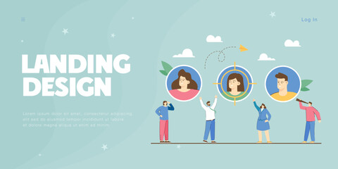 Find employee with talents by tiny hiring managers or employers. Focus on chosen best candidate by group of persons with telescope flat vector illustration. Recruitment, HR agency, career concept