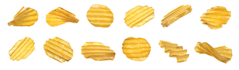 Set of ridged crispy potato chips on white background. Banner design