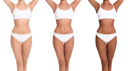 Young woman with beautiful body on white background, closeup. Collage showing stages of suntanning