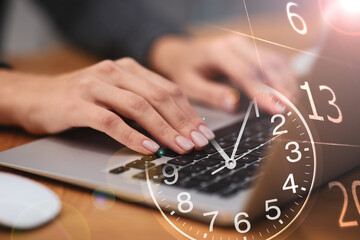 Multiple exposure of woman working on laptop, calendar and clock - obrazy, fototapety, plakaty