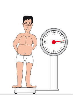 overweight man weighing himself before a diet