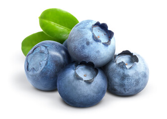 Tasty fresh ripe blueberries with green leaves on white background