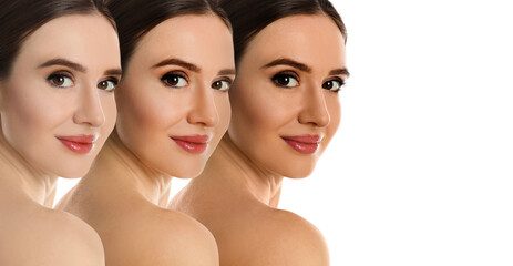 Beautiful young woman on white background, banner design. Collage with photos showing stages of...
