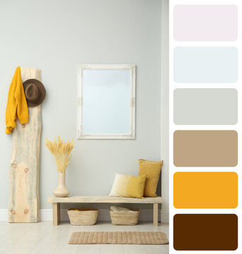 Color palette and photo of hallway interior. Collage