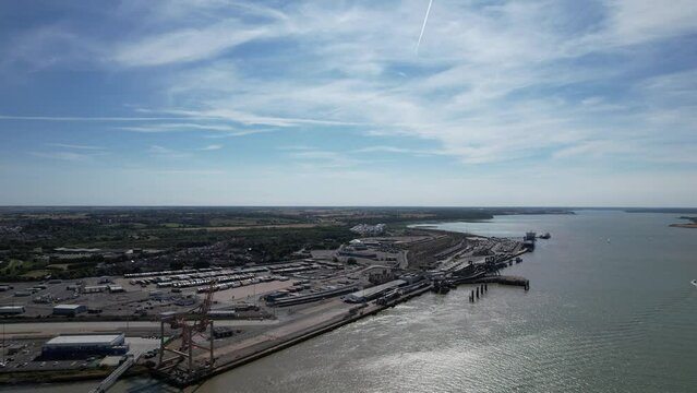 Harwich ferry terminal Essex UK drone aerial view Summer 4K footage
