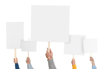 Fototapeta premium Group of people holding blank protest signs on white background, closeup