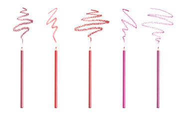 Set of bright lip pencils and strokes on white background, top view