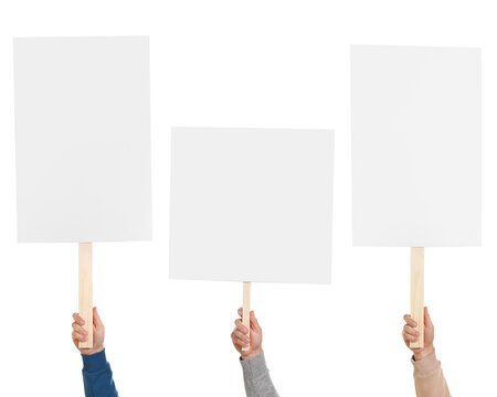 Group of men holding blank protest signs on white background, closeup