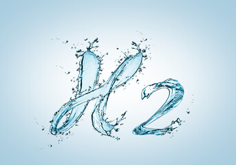 Chemical formula H2 made of water on light blue background