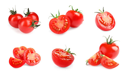 Set with tasty ripe cherry tomatoes on white background